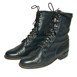 Justin Vintage Ropers Kilties Navy Blue Leather Lace Up Boots 90's Western USA‎